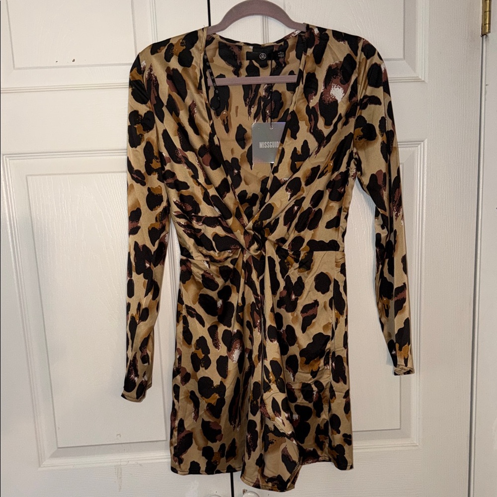 Missguided Tan and Black Leopard Twist-Front Long Sleeve Mini Dress